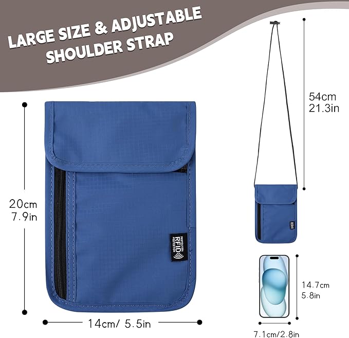 Likesing 5.5" L x 7.9" W Travel Neck Wallet, RFID Blocking Passport Holder, Security Lightweight Passport Travel Wallet, Neck Pouch Gifts for Women Men(Blue)