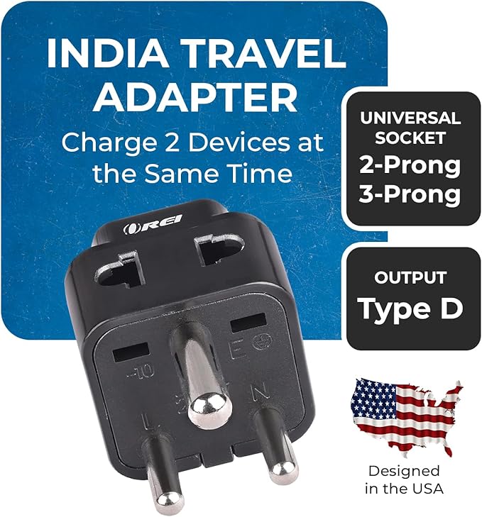 OREI UK, China, US to India Adapter - Type D Travel Adapter Plug - 2 in 1 Travel Adapter India - Compatible with India, Nepal, Pakistan - CE Certified - RoHS Compliant - 2 Pack - Black Color