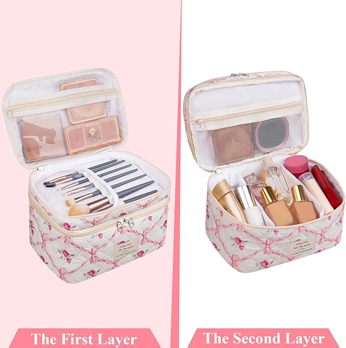Gosect Makeup bag, Large Cosmetic Bag for Women Girls, Cute Quilted Makeup Bags, Floral Coquette Aesthetic Toiletry Bag, Travel Make Up Organizer Bag (Pink)