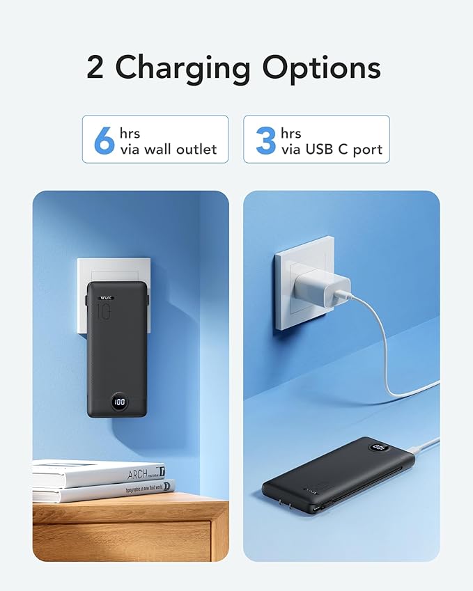 VRURC Portable Charger Power Bank - 10000mAh Fast Charging PD 20W with Wall Plug Slim Portable Charger Built in Cables USB C Portable Phone Charger Travel Accessories -Black(1 Pack)
