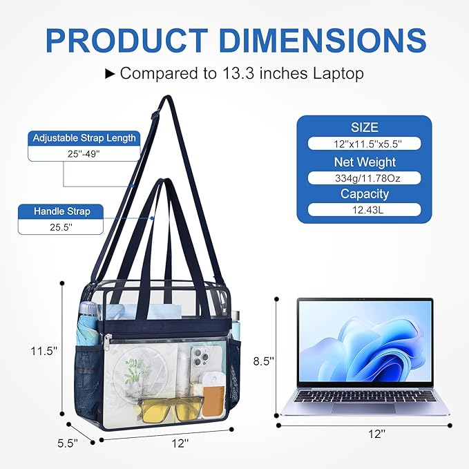 USPECLARE Clear Bag for Stadium Events,Transparent Bag for Work Sports Games Concerts Travel Gym