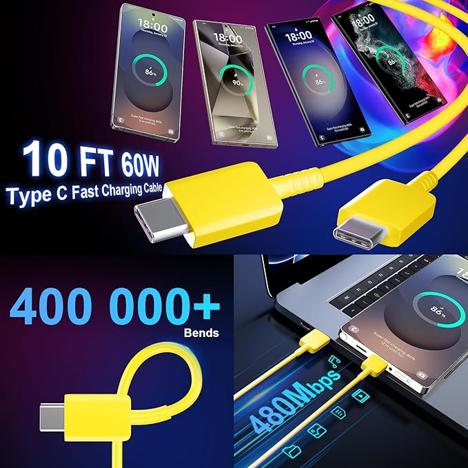 USB C Android Charger Fast Charging Cord, Super Fast Phone Chargers 10FT C to C Type Cable with 25W USBC Wall Block for Samsung Galaxy S26 S25 S24 Ultra Plus/S23/S22/S21/S20/Note 20/10, Yellow