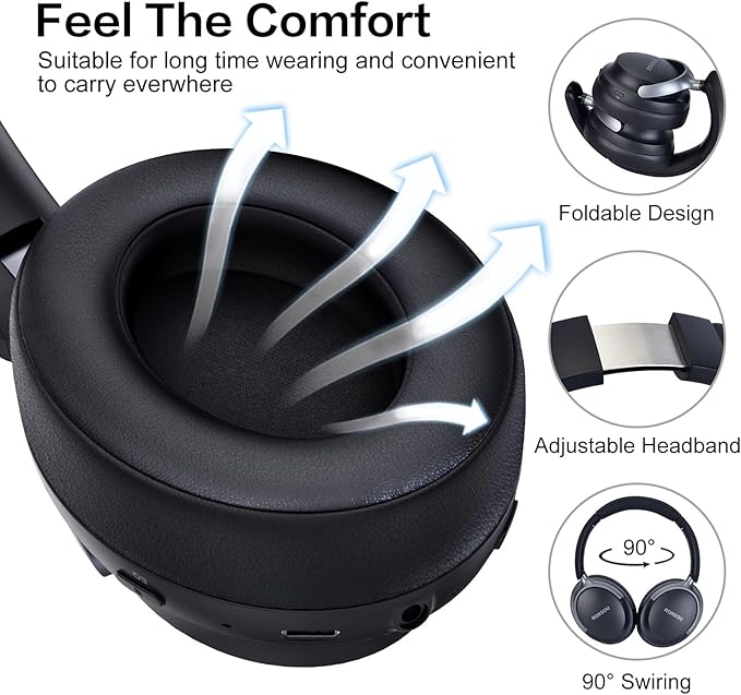 B8 Bluetooth Headphones Over Ear, 6 EQ Music Modes and 50H Playtime Deep Bass Wireless Headphones with Mic, Lightweight Folding HiFi Stereo Headset for iPad/Travel/Tablet/PC/Home Space Black