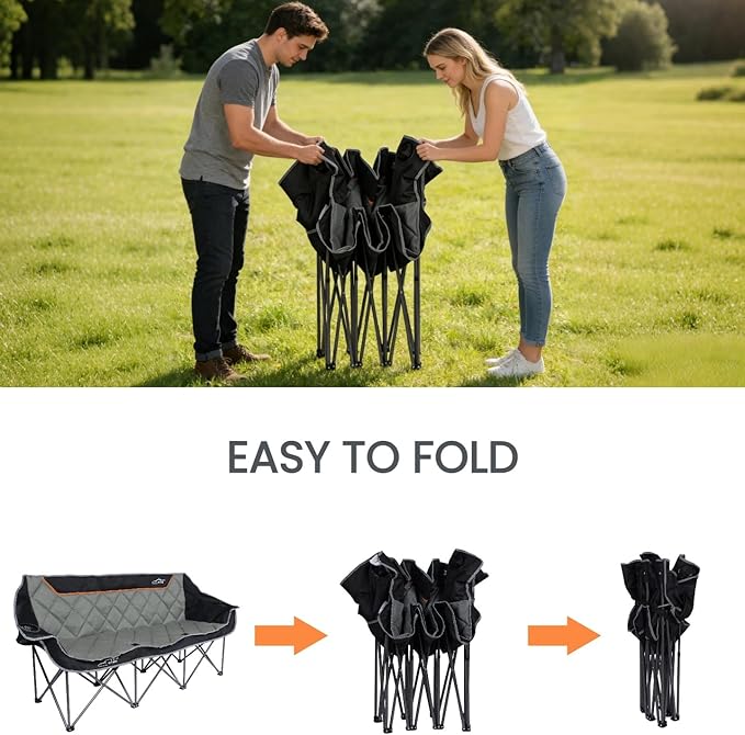 FAIR WIND Oversized 3 Person Camping Chair Padded Triple Loveseat Folding Camping Couch Duo Chair Heavy Duty Quad Fold Arm Chair with Cup Hold - Supports 900 LBS Black
