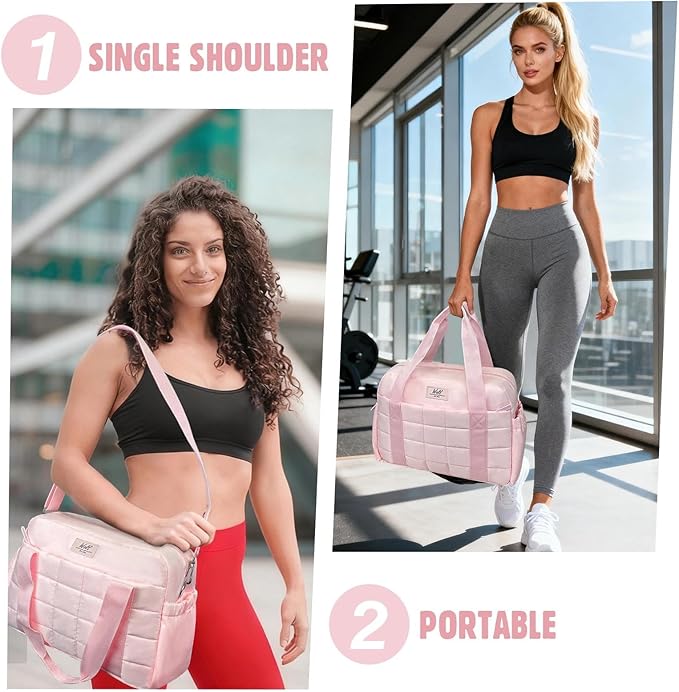 WOLT Small Gym Bag for Women, 14 inch Lightweight Gym Duffle Bag with Wet Compartment Quilted Tote for Sports Workout, Pink