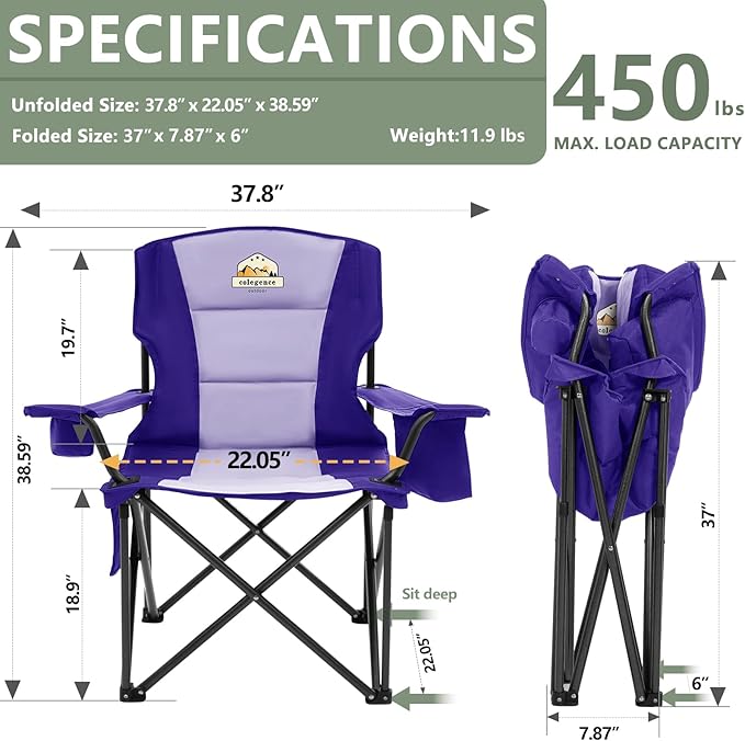 Colegence Heavy Duty Camping Chair for Adults, Oversized Foldable Outside Camp Chairs Carry Bag Included, with Cooler Bag Cup Holder, Side Pocket for Lawn,Sport,Outdoor,Deep Purple