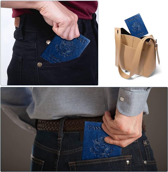Passport Holder Cover Wallet Case RFID Blocking Leather Card Slot Travel Accessories Documents Organizer Protector for Women Men, Navy Blue