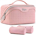 BOYATU Travel Makeup Bag Cosmetic Bags for Women: Large Capacity 3 Pcs Set Make up Bag with Compartments - Waterproof Vegan Leather Toiletry Organizer Bags with Handle (L39 Pink)