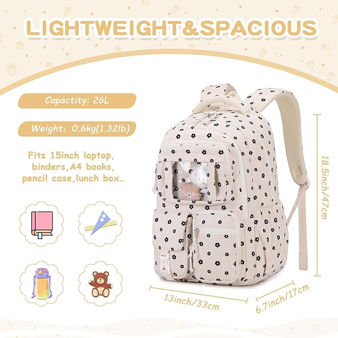 PIG PIG GIRL Corduroy Backpack Kids Backpack for Girls School Bags for Middle School Students Book Bag for Elementary Primary Kawaii Ita Backpack, Flower