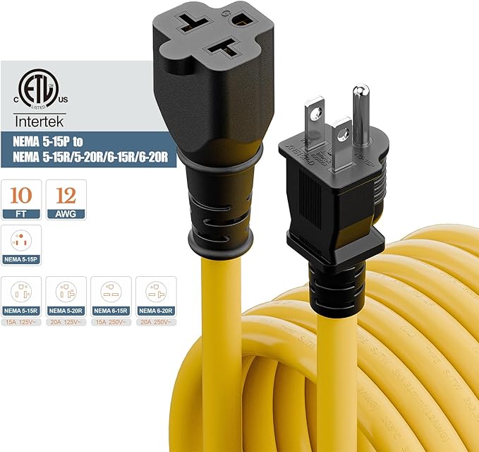 4 in1 NEMA 5-15P Extension Cord, Winxus 10FT NEMA 5-15P to 5-15R, 5-20R, 6-15R, 6-20R Adapter Cord, 15A to 20A AC Adapter Cable, 10FT 3 Prong Extension Cords