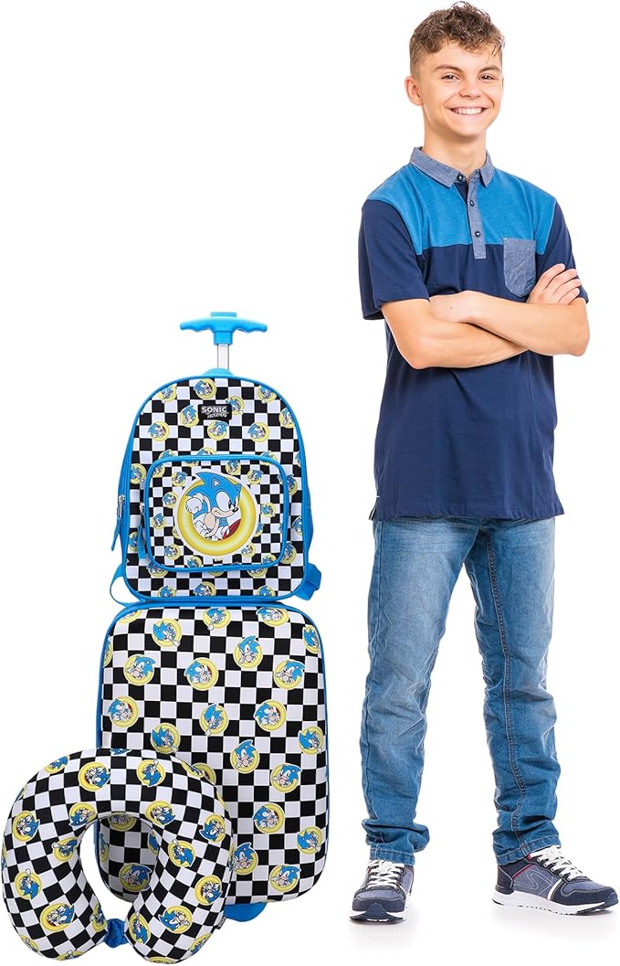 Bioworld Sonic the Hedgehog Kids' 3-Piece Travel Set With Luggage, Backpack, and Neck Pillow