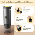 CAFFETTO - Portable 3-in-1 Coffee Maker (Capsule & Ground) - USB-C self-heating espresso machine - 20-bar pump pressure, 7500mAh battery - One-touch operation, detachable parts - Grey