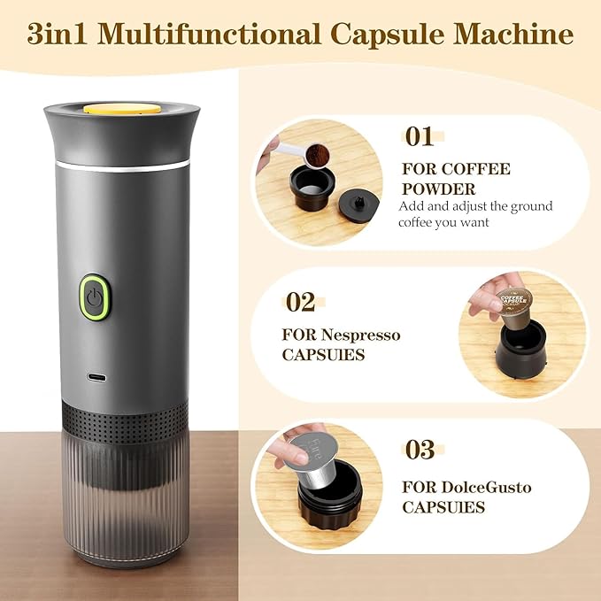 CAFFETTO - Portable 3-in-1 Coffee Maker (Capsule & Ground) - USB-C self-heating espresso machine - 20-bar pump pressure, 7500mAh battery - One-touch operation, detachable parts - Grey