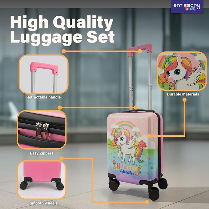 emissary 7pcs Unicorn Girl’s Luggage Set with wheels – Rolling Luggage, Backpack, Eye Mask, Toiletry Bag, Suitcase Tag, Neck Pillow & Water Bottle – Carry Luggage for Kids & Girls with Wheels