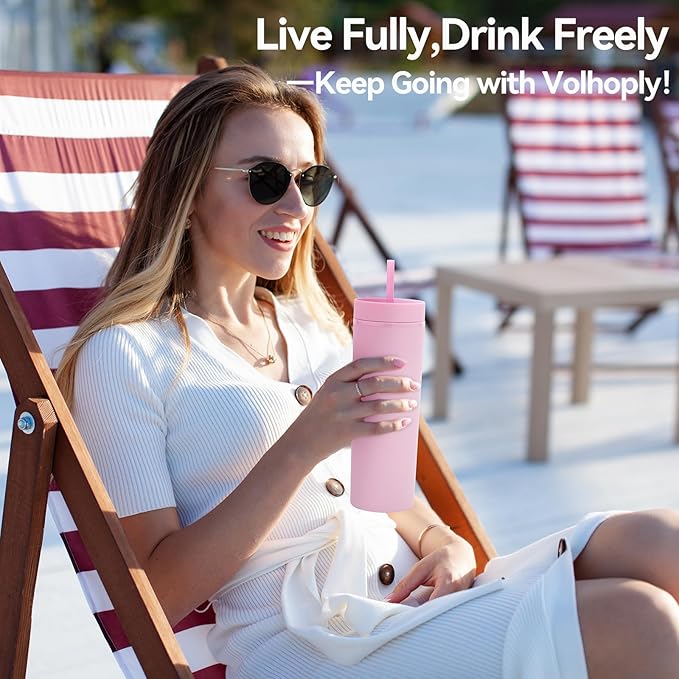 Volhoply 20oz Plastic Skinny Tumblers Bulk 10 Pack,Double Wall Tumbler with Lid and Straw,BPA Free Matte Acrylic Iced Coffee Cups with Straw,Reusable Travel Cute Mug for Party,DIY Gift(Pink, 10 Set)