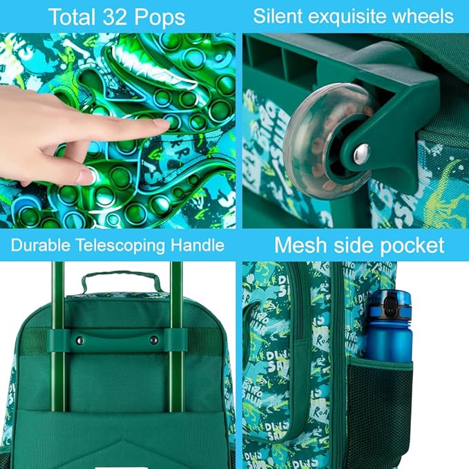 Kids Suitcases for Boys, Cute Dinosaur Luggage Rolling with Wheels, kids carry on luggage for Children Toddler Elementary - Green
