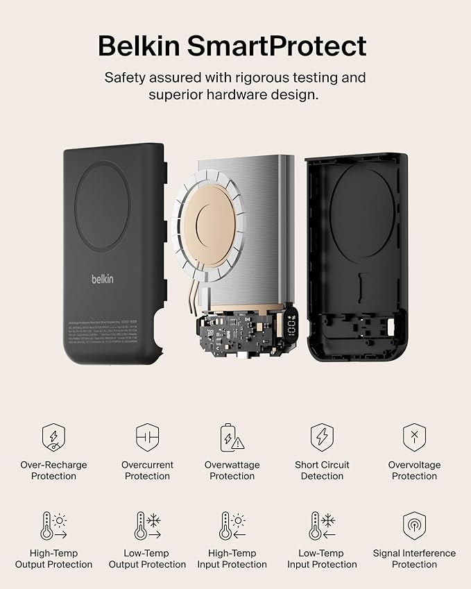 Belkin MagSafe Power Bank 10,000mAh, Qi2.2 25W Portable Charger w/Kickstand, Magnetic Back Supports MagSafe Accessories, Digital Display, Wireless Charging Battery Pack for iPhone 17, Pixel - Black