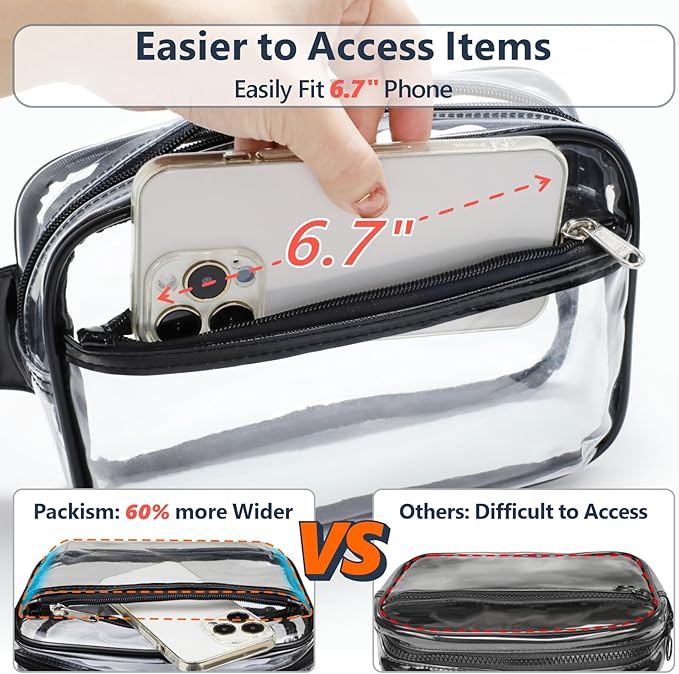 Packism Clear Fanny Pack Stadium Approved - Plus Size 35-51 inches Adjustable Strap Clear Belt Bag for Women Men Transparent Waist Bag for Concerts, Sporting Events, Black
