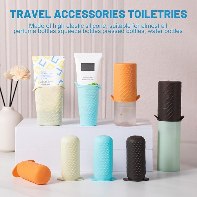Mrsdry Bottle Covers for Travel, Leak Proofing, Travel Size Container Silicone toiletry sleeves, Leak Locks Travel Accessories for Shampoo Wash Body Bottles and other beauty and personal care(8pcs)