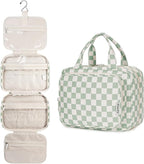 Narwey Hanging Toiletry Bag for Women Travel Checkered Makeup Bag Organizer Toiletries Bag for Travel Size Essentials, Accessories, Brushes, Cosmetics (Green Checkerboard (Medium))