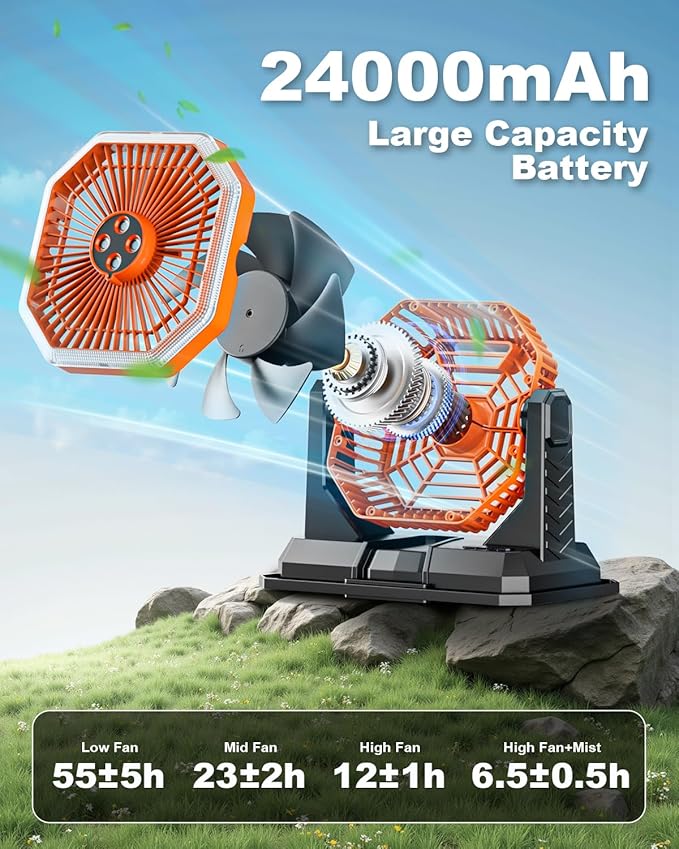 Orteen Portable Misting Fan, Rechargeable Outdoor Cooler, Battery Operated Personal Fan with3 Speeds & 8L Bucket for Patio, Camping,Hiking, Backyard, Travel, Desk,Pool, Beach