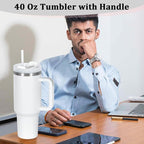 4 Pack 40 Oz Tumbler with Handle Bulk, Double Wall Vacuum Insulated Stainless Steel Tumbler with Lid and Straw, 40 oz cup with Silicone Spill Proof Stopper Set (White)
