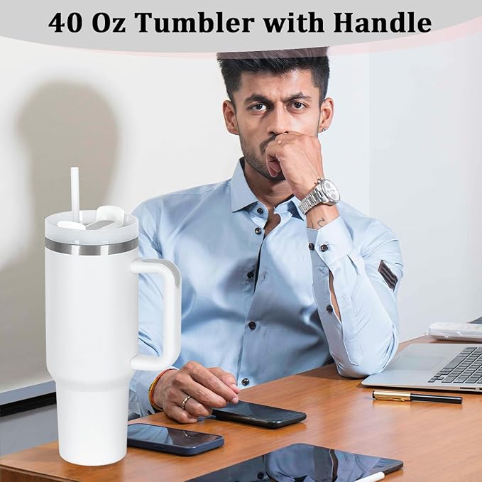 4 Pack 40 Oz Tumbler with Handle Bulk, Double Wall Vacuum Insulated Stainless Steel Tumbler with Lid and Straw, 40 oz cup with Silicone Spill Proof Stopper Set (White)