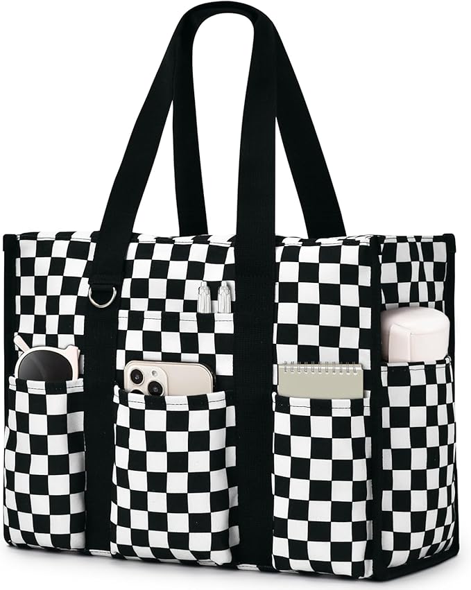 Becokan Large Tote Bag for Women Waterproof with 12 Pockets Top Zipper Closure Utility Teacher Nurse Bags for Work School