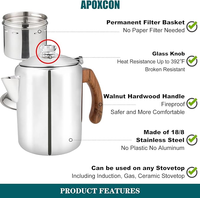 APOXCON Coffee Percolator Pot Stainless Steel Coffee Maker with Tough Glass Knob & Fireproof Solid Wood Handle & Drip-Free Spout Camping Coffee Pot Using on any Stovetop NO Aluminum NO Plastic (8 Cup)