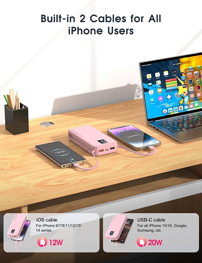 Portable Charger, 20000mAh 22.5W Fast Charging Power Bank with Built-in Cables & Wall Plug, Travel Essentials Battery Pack with LED Display, USB C External Battery Bank for iPhone iPad, Samsung Pink