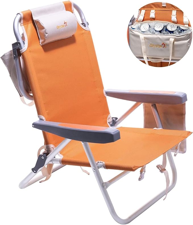 SUNNYFEEL Low Beach Chair, 5-Position Lay Flat Reclining, Backpack Portable Folding Chair with Cooler Bag & Cup Holder, Heavy Duty 350 LBS, Compact for Beach, Camping, Travel