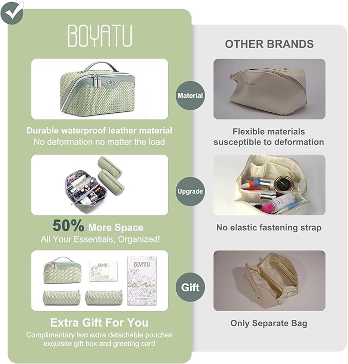 BOYATU Travel Makeup Bags for Women: Large Capacity Make up Bag with Wide Opening - 3 Pcs Set Waterproof Travel Toiletry Organizer for Full-Sized Bottles, Cosmetics & Brushes (Light Green-W)
