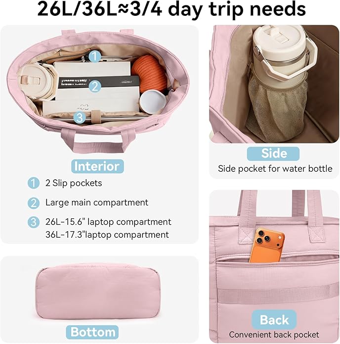 Puffer Tote Bag with Pouch,Women's Lightweight Quilted Shoulder Bag,15.6"/17.3" Laptop Travel Weekender for Work & Nurses