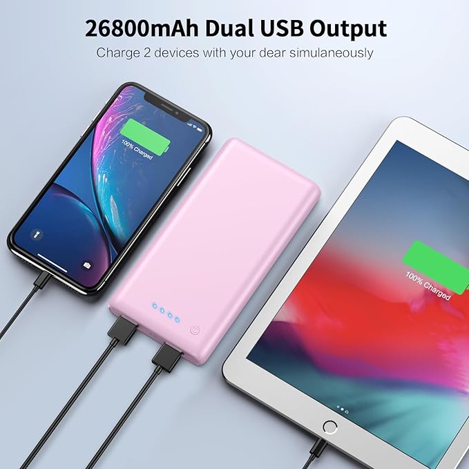Portable Charger Power Bank 26800mah,Ultra-High Capacity Safer External Cell Phone Battery Pack,2 USB Output High Speed Charging Power bank Compatible with iPhone 17/16/15/14/13 Samsung Android-Pink