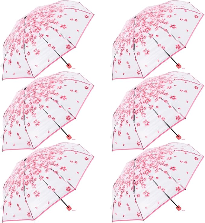 6 Pack Cherry Blossom Umbrella Clear Folding Travel Transparent Floral Rain Umbrellas For Adult Kids Girls Romantic Flower Wedding Decoration Auto Open Umbrella