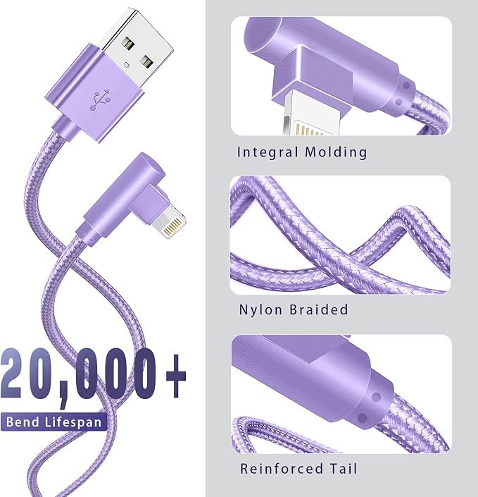 iPhone Charger,3 Pack 6FT Lightning Cable [Apple MFi Certified] iPhone Fast Charging Cable 90 Degree Nylon Braided Cord Compatible with iPhone 14/13/12/11 Pro Max/XS MAX/XR/XS/X/8/7/Plus/iPad