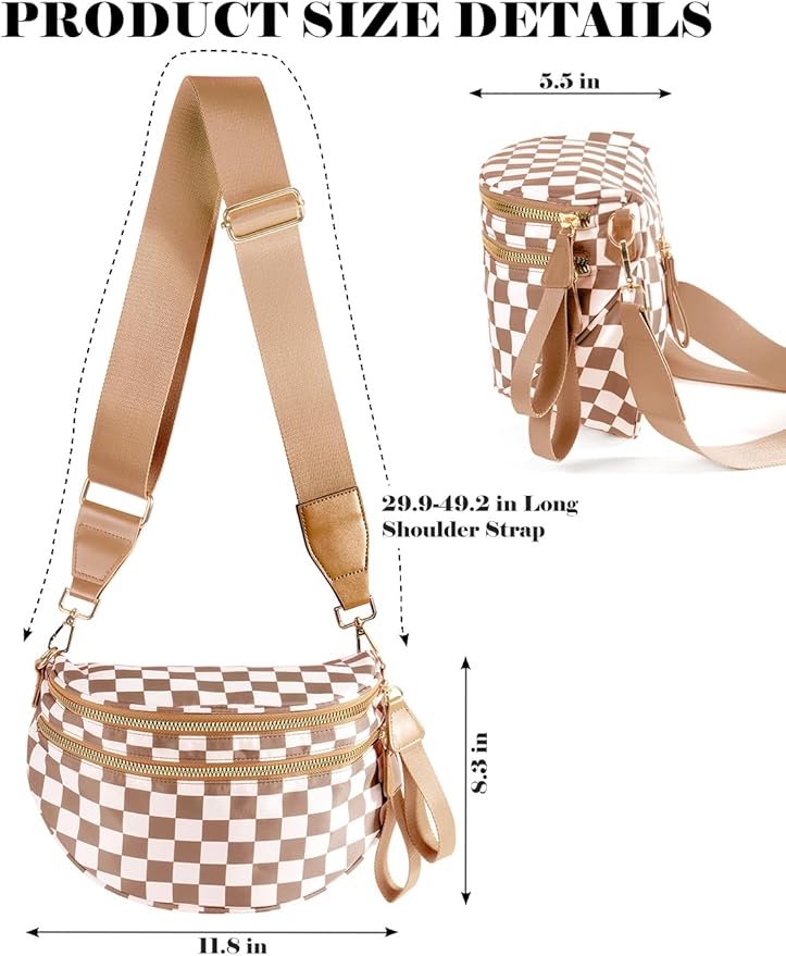 Black and White Checkered Crossbody Bag Bum Bag for Women,Spacious Checkered Purse Fanny Packs Belt Bag