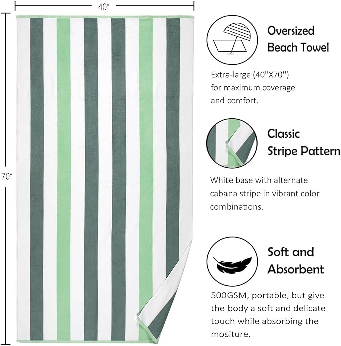 Bornbay Large Beach Towel Oversized - 40"X70" Big Cute Beach Towels, Extra Large Thick Green Pool Towel, XL Beach Towel Oversize, Giant Striped Cotton Towel for Adults