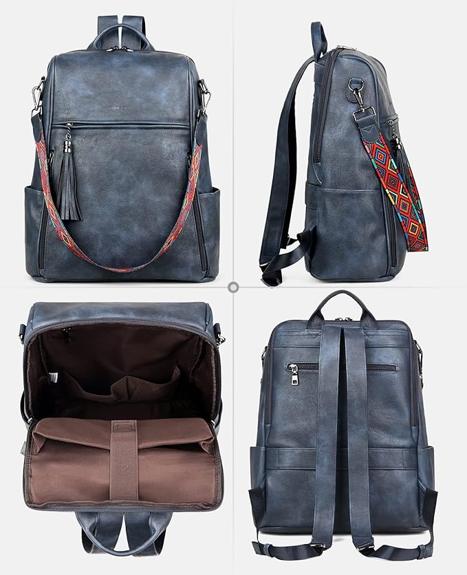 FADEON Leather Laptop Backpack for Women Designer 15.6 inch PU Laptop Bag, Ladies Travel Computer Work Backpack Blue