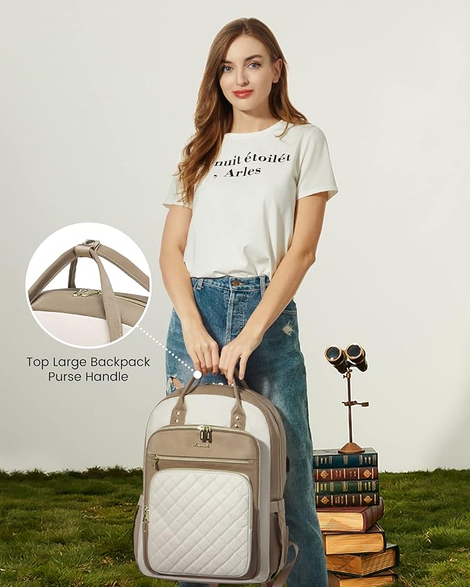LOVEVOOK Laptop Backpack Purse for Women, 17" Laptop Bag with USB Port, Water Resistant Lightweight Daypacks for College Travel Work Business, Nurse Teacher Computer Bags, Khaki Beige