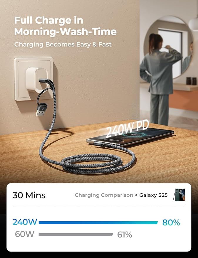 AINOPE 240W Long USB C Cable Multi 4 in 1 Charging Cable Fast Charging C Type Charger Fast Charge USB to USB C,Right Angle Fit iPhone 17 16 15 Pro Max iPad Samsung 10FT Black