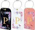 3 Pack Luxury Floral Luggage Tags, Durable PU Leather Suitcase Tags with Stainless Steel Cable Strap, Hidden ID Slot for Privacy Protection, Easy to Identify Waterproof Travel Accessories Gift (P)
