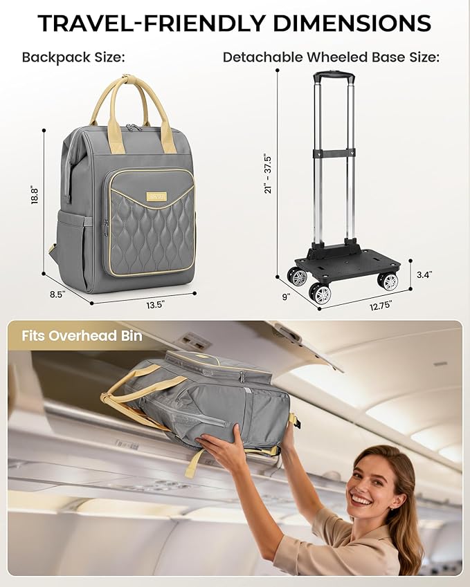Ytonet Rolling Backpack for Women, 15.6 In Rolling Travel Backpack with 4 Spinner Wheels, Carry On Wheeled Backpack with Detachable Trolley, Water-Resistant Roller Bag for College Business Work, Grey