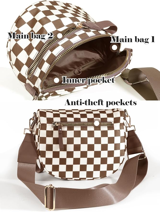 Black and White Checkered Crossbody Bag Bum Bag for Women,Spacious Checkered Purse Fanny Packs Belt Bag