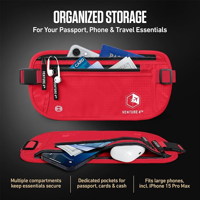 VENTURE 4TH Money Belt for Travel – Slim Hidden Under-Clothes RFID Blocking Anti-Theft Passport Holder & Travel Wallet Pouch for Men & Women to Protect Cash, Cards & Documents (Red)