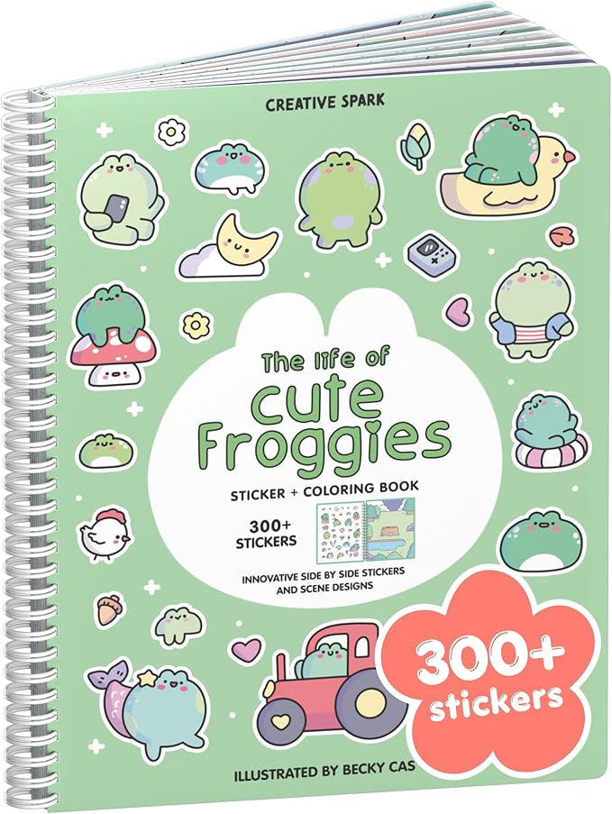 Cute Frogs 300+ Sticker Book by Cupkin Coloring & Sticker Activity Book, 8 Stickers Scenes, Road Trip Essentials, Children's Crafts Toddlers for Ages 2–8 Years, Toddler Airplane Travel Essentials