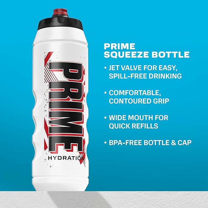 PRIME 32 oz Red & Black Graphic Squeeze Sports Water Bottle, BPA Free, Dishwasher Safe, Easy-Grip Ergonomic Leakproof Design, Fast Hydration for Gym, Cycling, Running