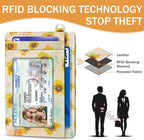 Yonlevres Sunflower Credit Card Holder Slim Wallet, RFID Wallet Women Front Pocket Wristlet Lanyard, Small Card Holder Travel Funny Cute Thin Card Case ID Window PU Leather Card Organizer Gifts Girls