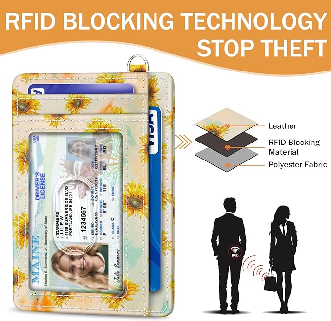 Yonlevres Credit Card Holder Slim Wallet, Sunflower RFID Wallet Women Front Pocket Small Card Holder, Travel Cute Funny Thin Card Case ID Window PU Leather RFID Blocking Card Organizer Gifts Girls