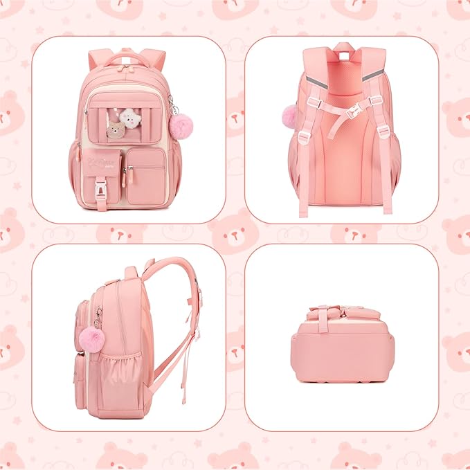 PIG PIG GIRL Kids Backpack for Girls School Bags for Middle School Students Book Bag for Elementary Primary Kawaii Ita Backpack, Pink and Beige